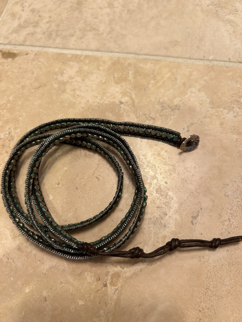 Handcrafted Leather Wrap Bracelet in Dark Green with Metallic Accents